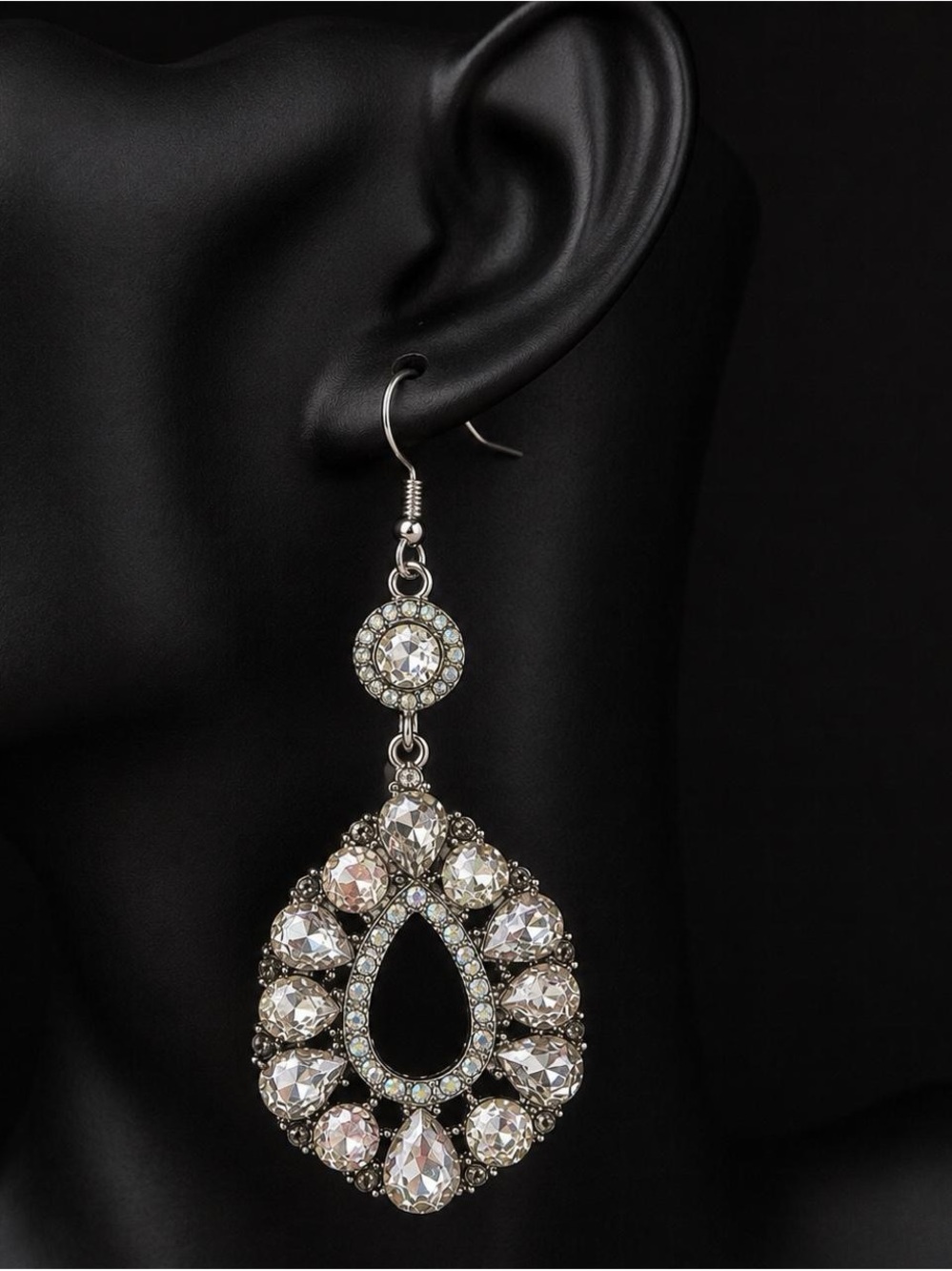 Elegant Crystal Teardrop Dangle Earrings - Silver Tone